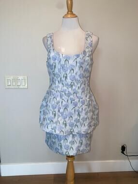 AMANDA UPRICHARD Empire Floral Jacquard Minidress Blue Size Large